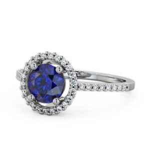 Halo Blue Sapphire And Diamond 1.20ct Ring 18K White